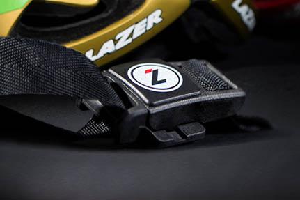 Close-Up of the printed Lazer Logo on the helmet buckle