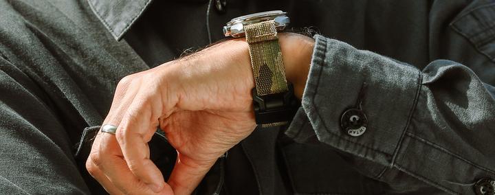 Model wearing watch with FIDLOCK strap by DSPTCH