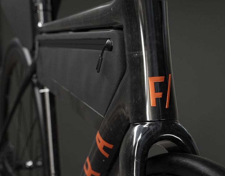 Close-up of the frame bag installed on the bike frame